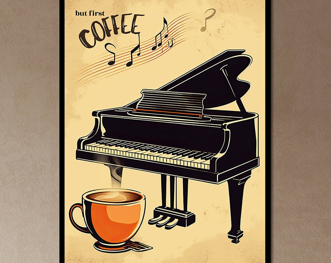 But First Coffee Grand Piano Musical Notes Vintage Kitchen Poster - Image 6