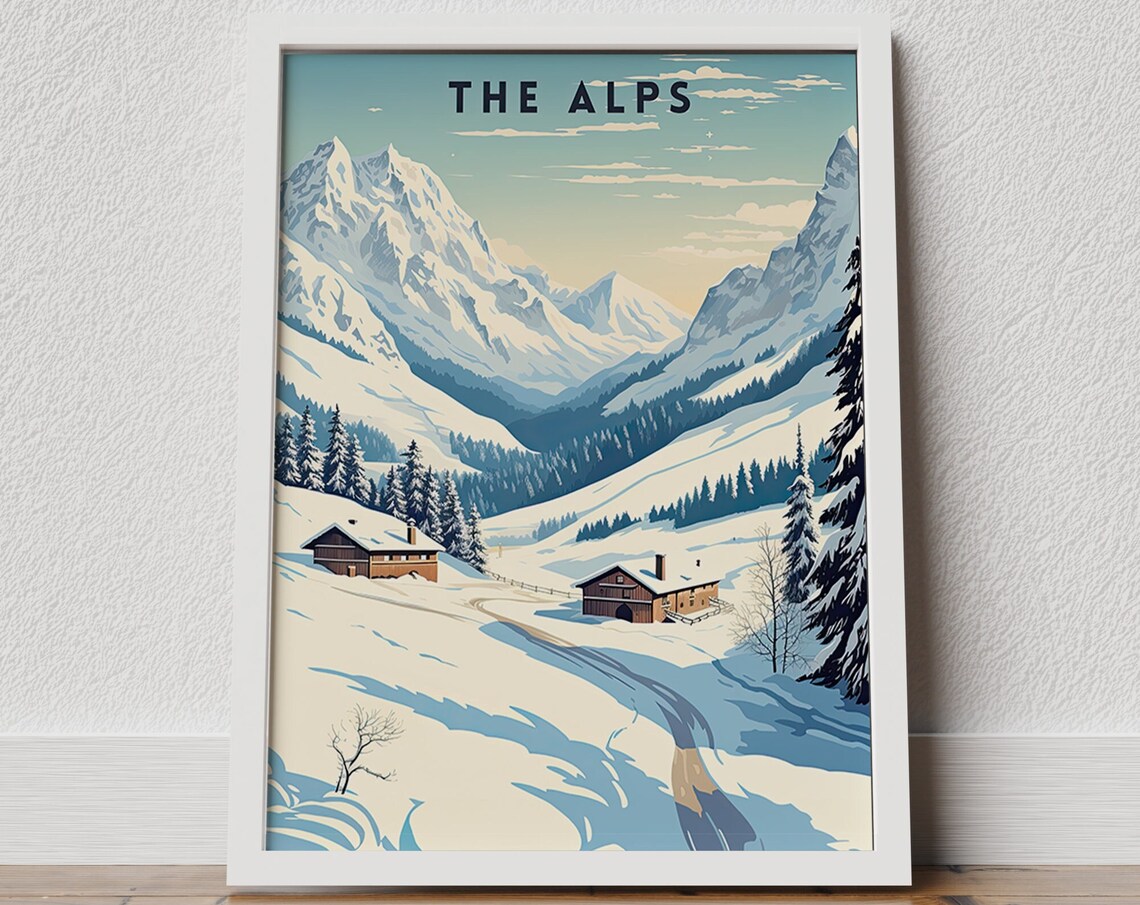 The Alps Vintage Travel Snowy Mountain Peaks Chalet Scene Poster