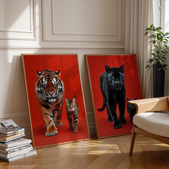 Tiger and Panther Big Cats with Kittens on Bold Red Wall Art