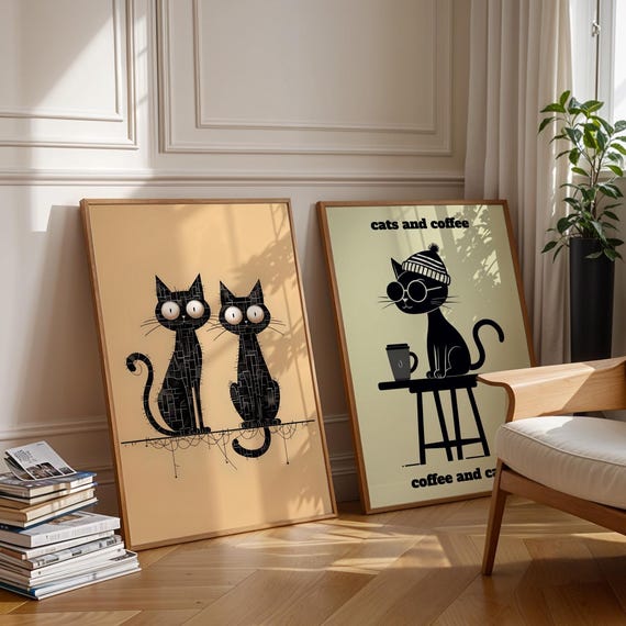 Modern Minimalist Black Cat Art Prints Funny Postersdigital Bundle
