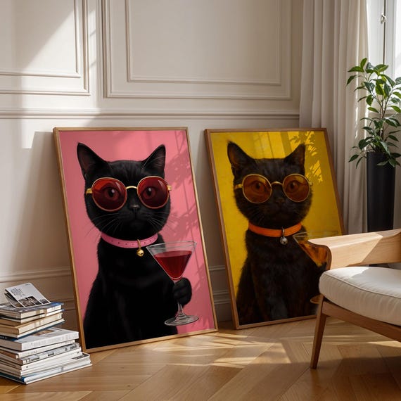 Black Cat In Sunglasses Holding Martini Funny Animal Art Poster