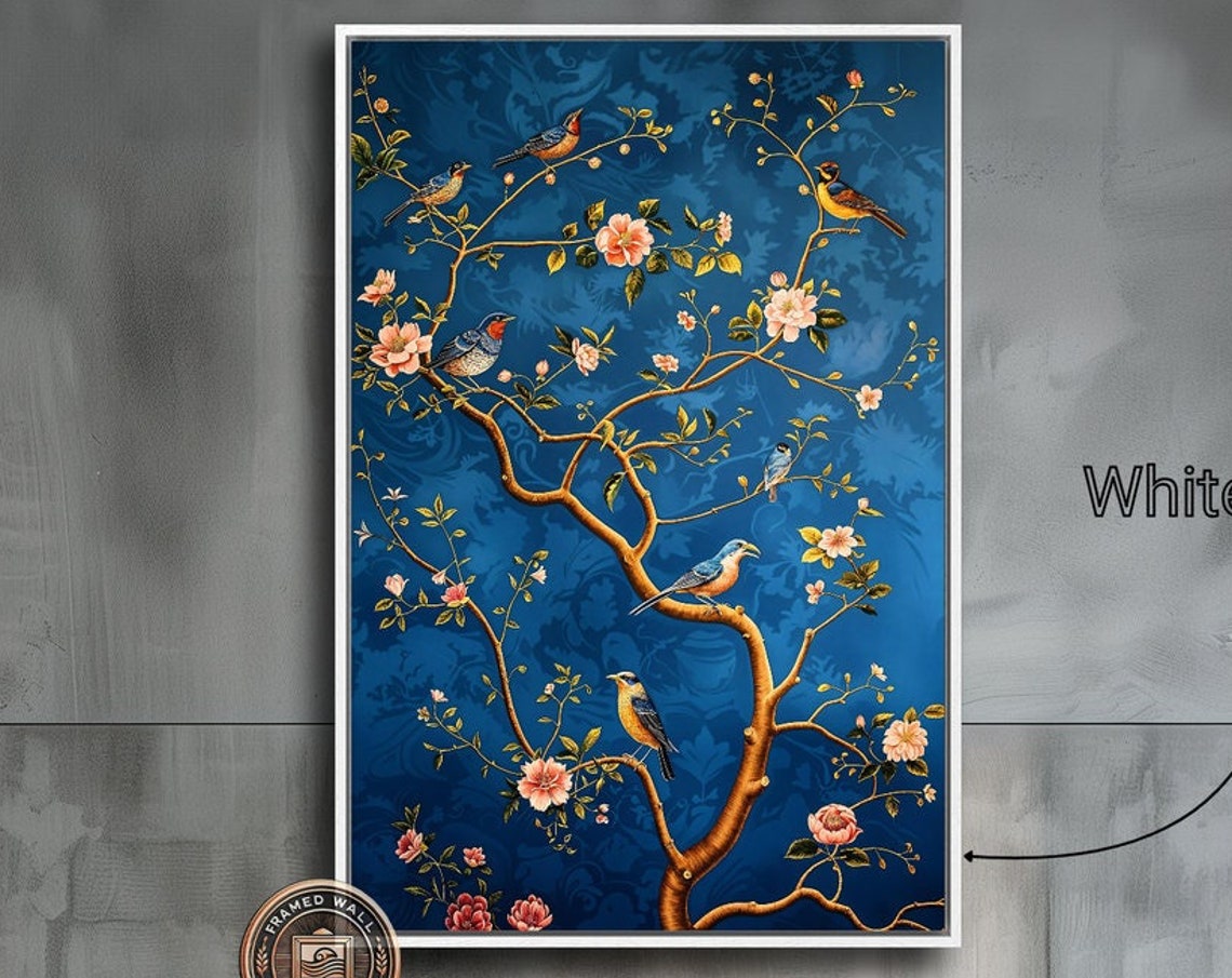 Chinoiserie Birds Blossom Tree Teal Blue Elegant Nature Art Poster