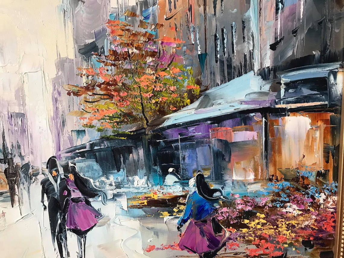 Paris City Street Oil Painting Art Print, France Cafe Scene - Image 2