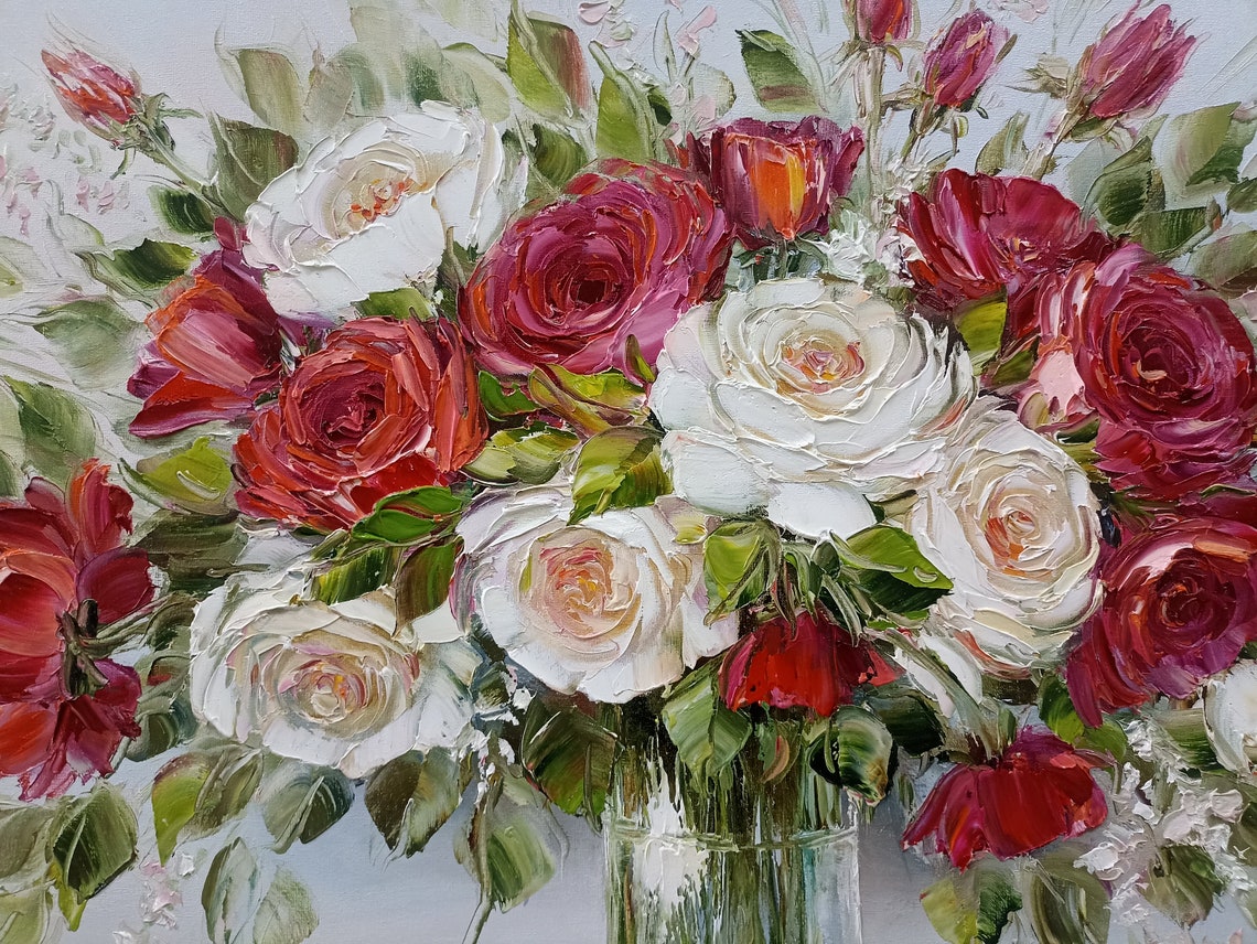 Red Roses Oil Painting Original Flowers In A Vase Painting Classic Wall Art Textured Flowers Art Roses Bouquet Oil Painting Art Gift For Her - Image 2