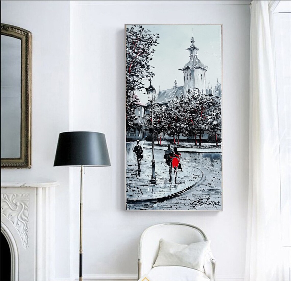 Black And White Rainy City Street Red Umbrella Accent Art Poster - Image 2