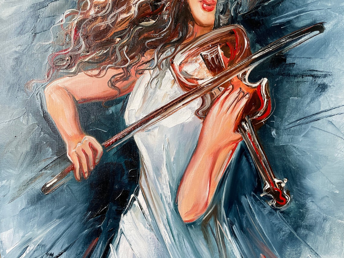 Girl Playing Violin Oil Painting Original Woman In Hat Wall Art Abstract Violin Art Music Painting Modern Living Room Wall Decor - Image 2
