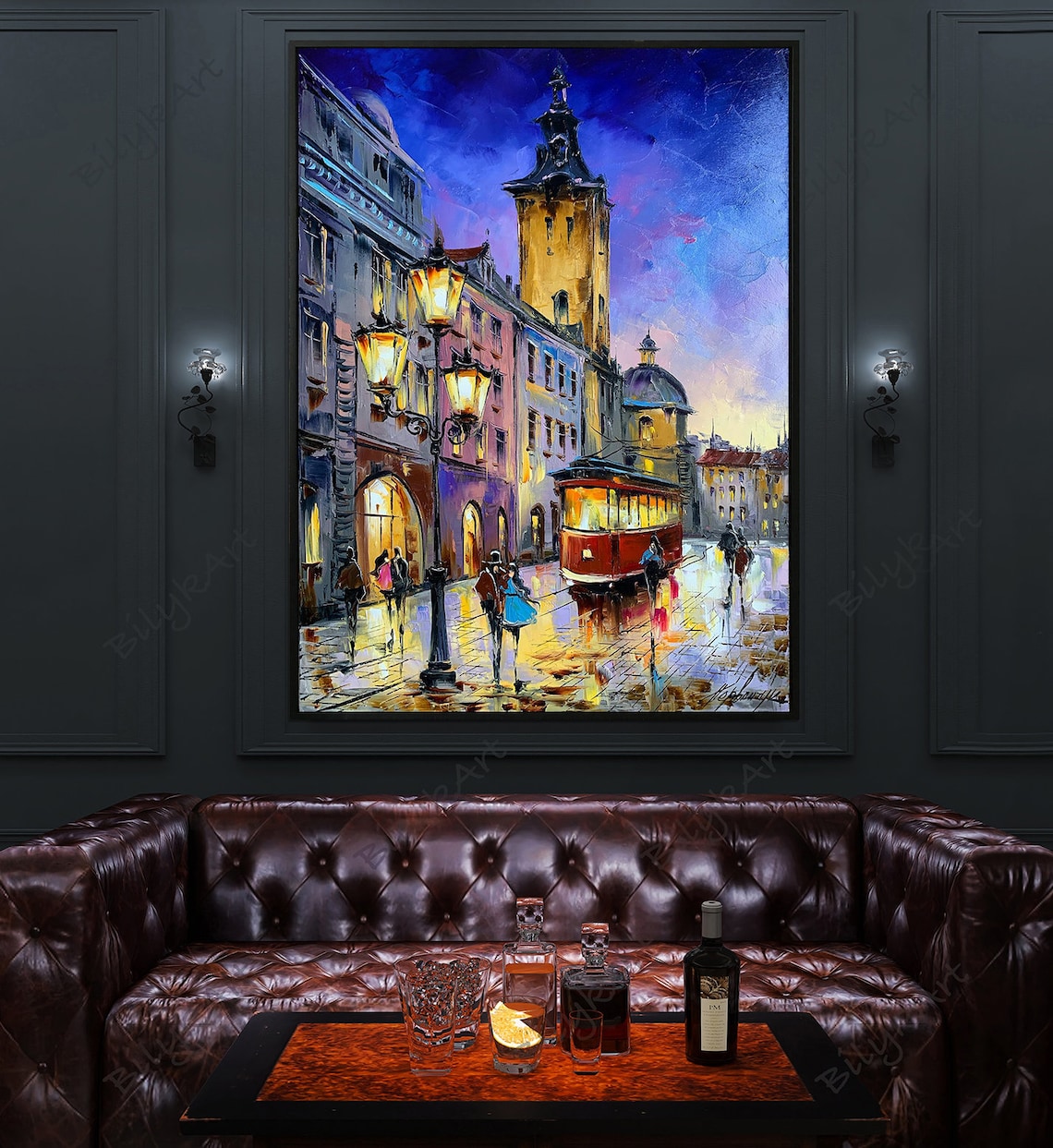 European Old Town Tram Street Lamps Evening Oil Painting Art Poster - Image 2