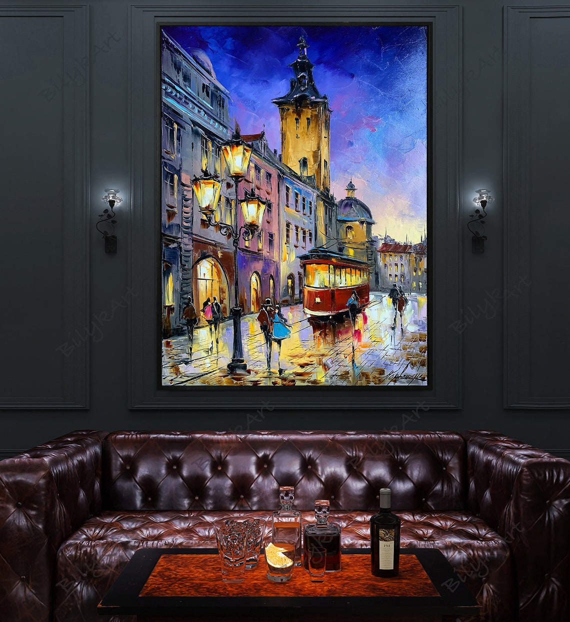 Night City Oil Painting Original City Street Scene Painting Cityscape Art City Lights Wall Art Large Romantic Painting Night Time Wall Art - Image 2