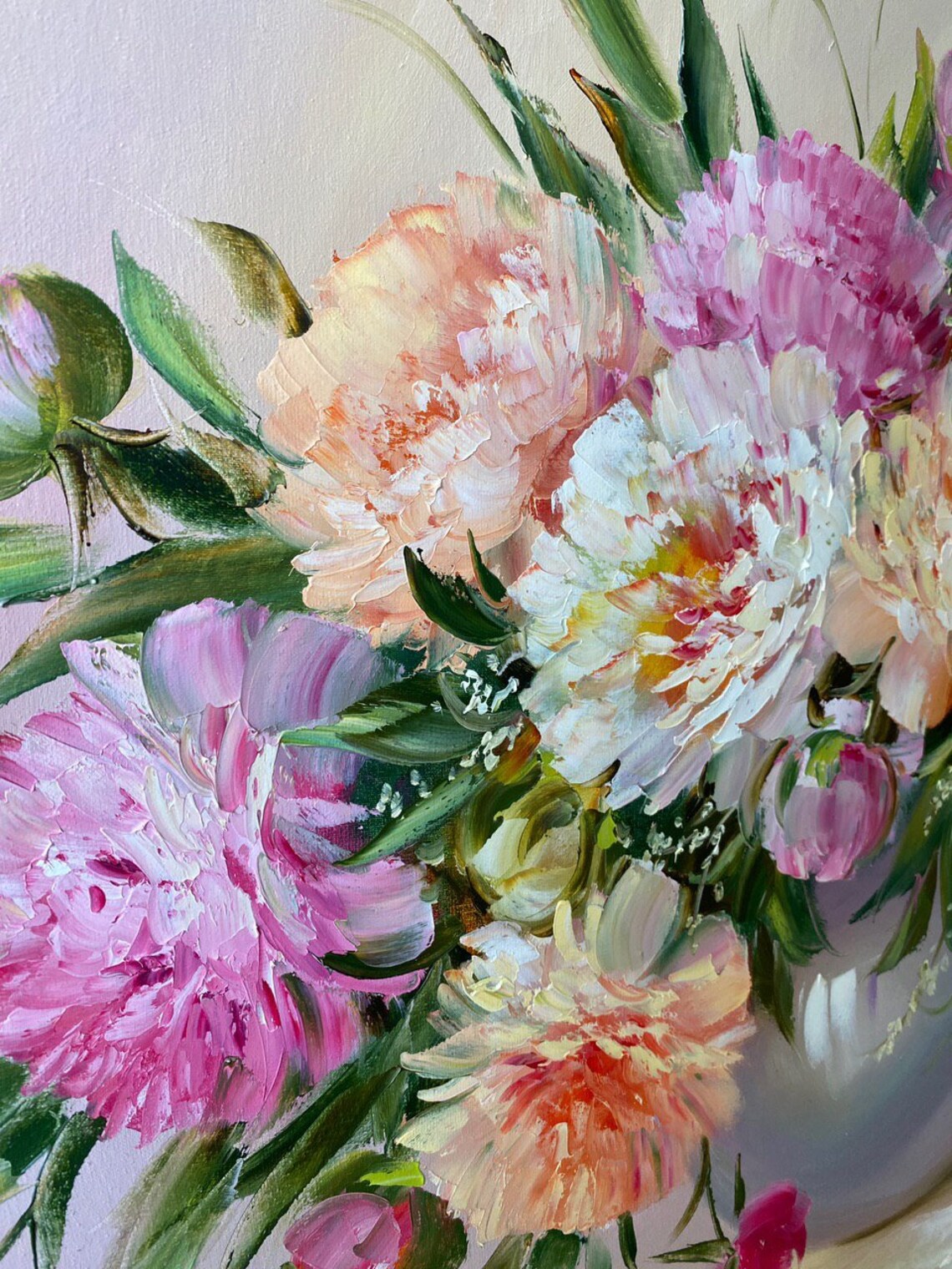 Pink White Peony Bouquet Vase Oil Painting Pastel Floral Art Poster - Image 2
