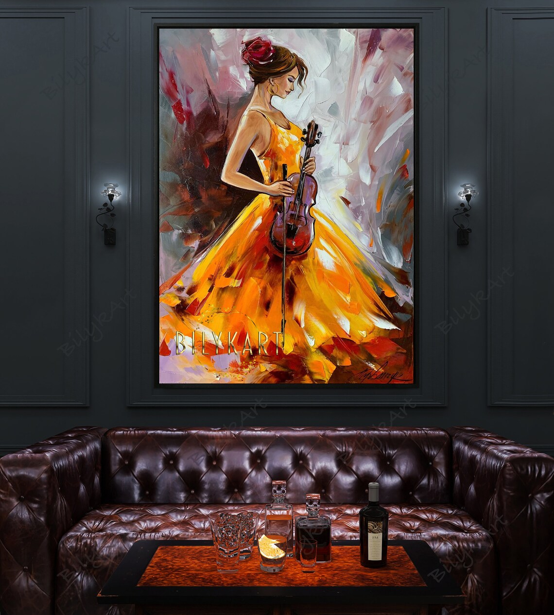 Woman Orange Dress Violin Player Golden Abstract Musician Oil Painting Poster - Image 2