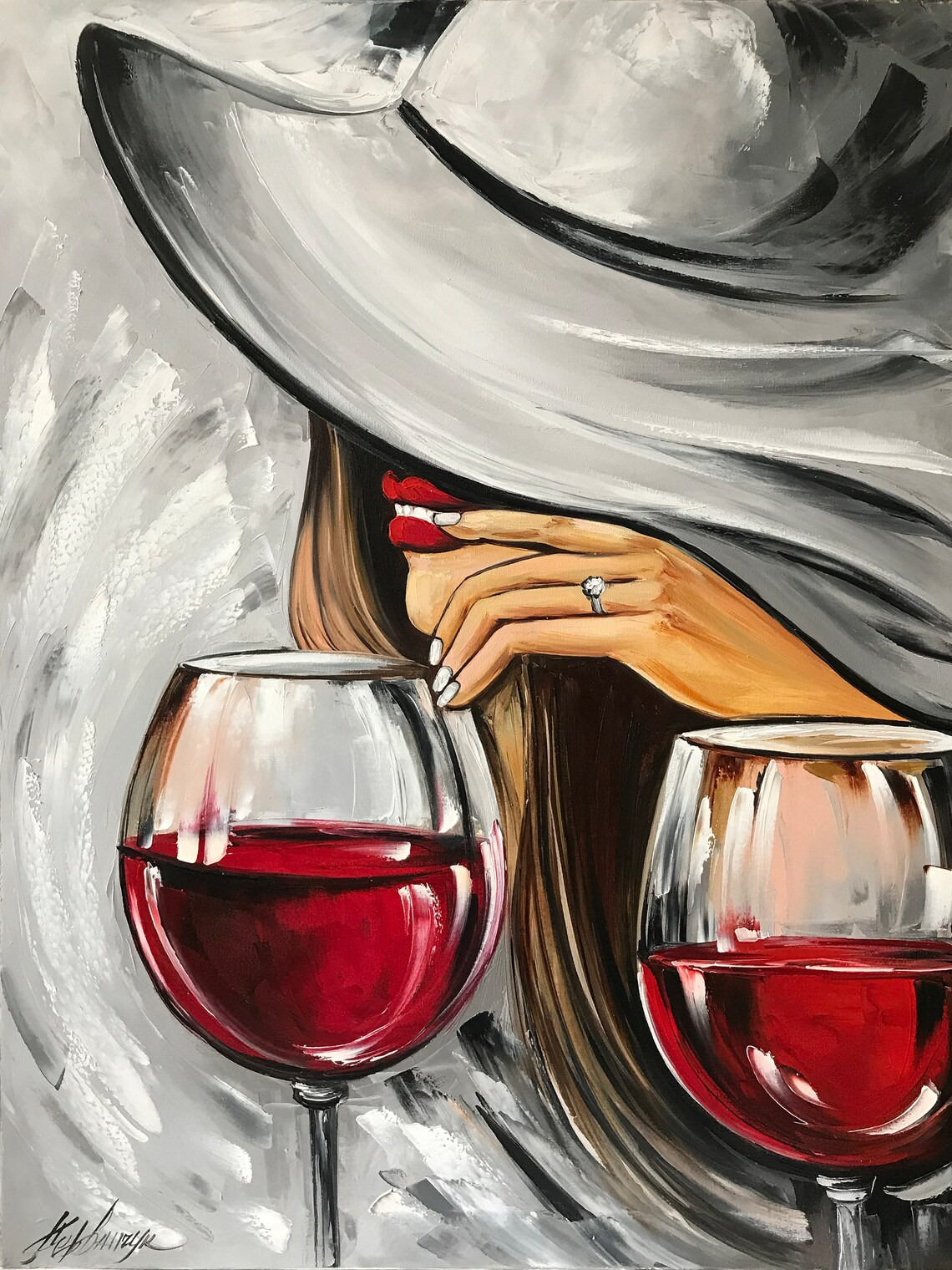 Wine Glasses Painting Original Mystery Girl Painting Red Lips Art Alcohol Painting Modern Room Decor Black Red Wall Art Wine Bar Art Decor - Image 2
