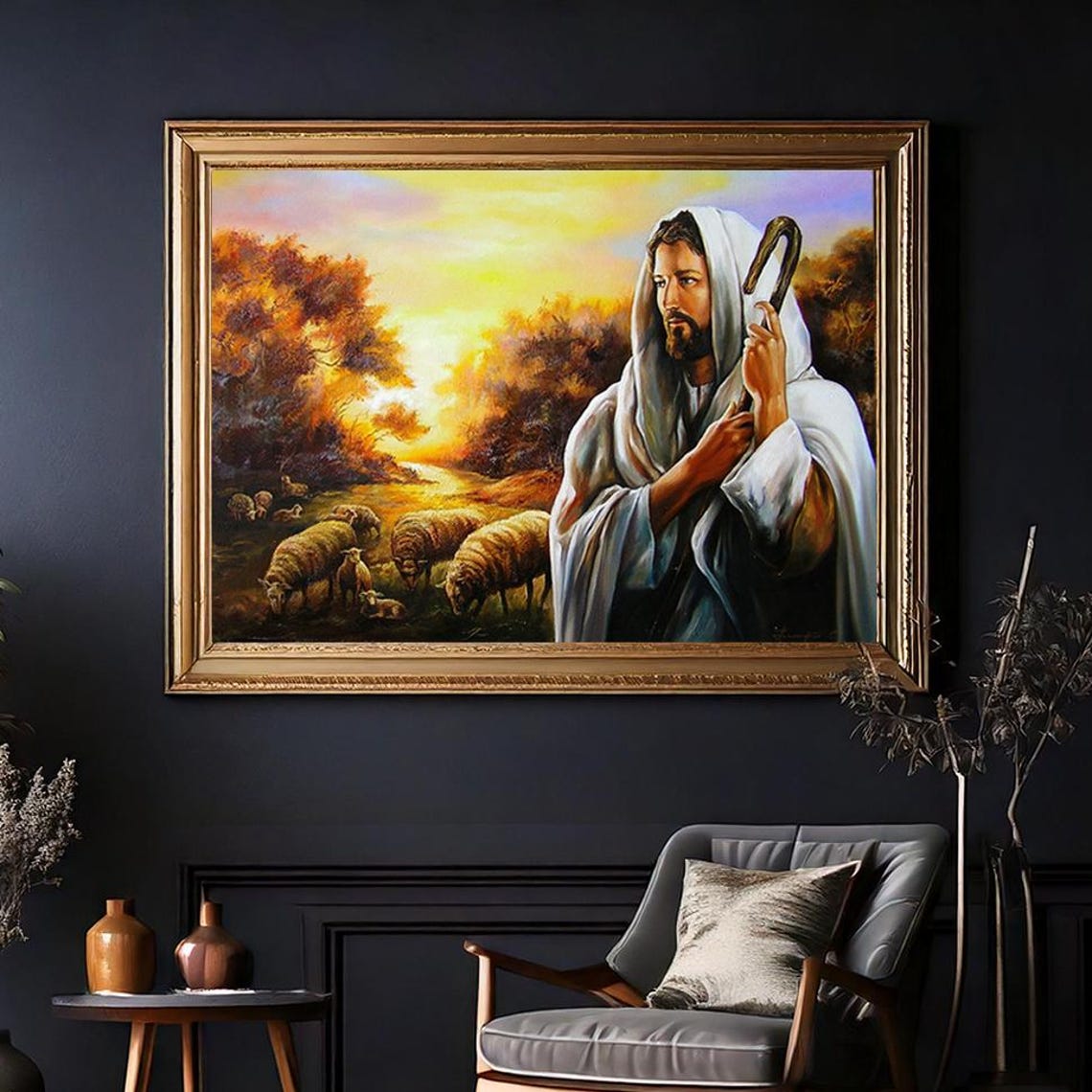 Jesus Good Shepherd Sheep Sunset Meadow Biblical Scene Faith Poster - Image 2