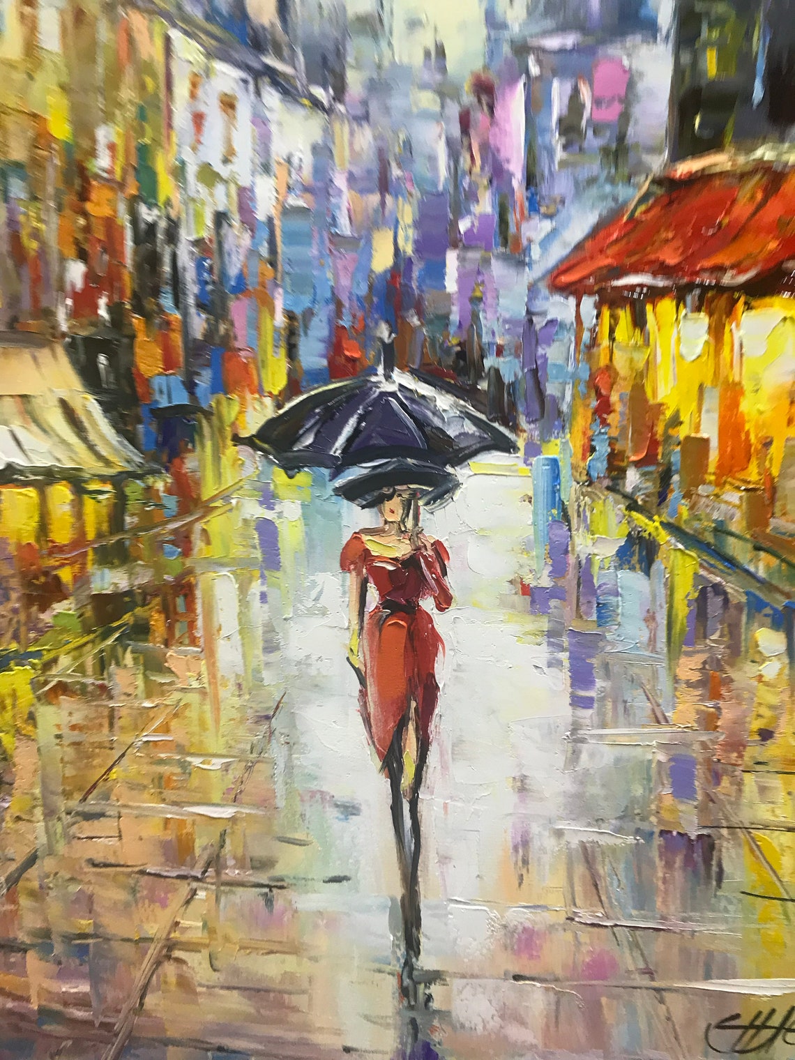 Paris Street Scene Oil Painting Original Woman With Umbrella Painting Rainy City Art Rain Reflection Painting Rainy Painting Paris Wall Art - Image 2