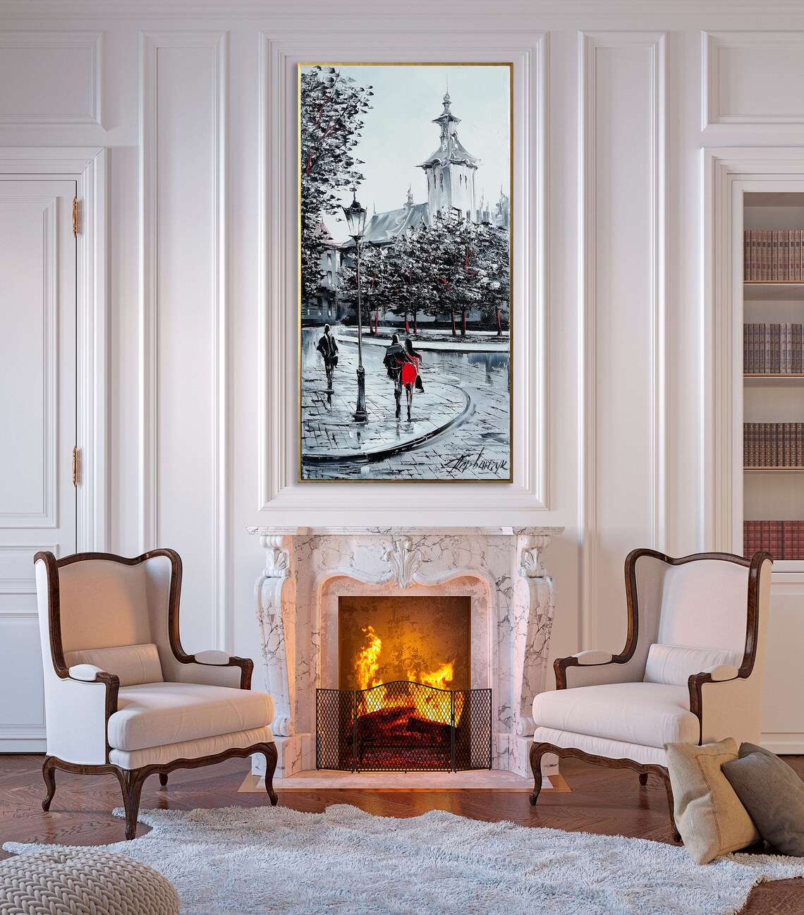 Black And White Rainy City Street Red Umbrella Accent Art Poster - Image 3