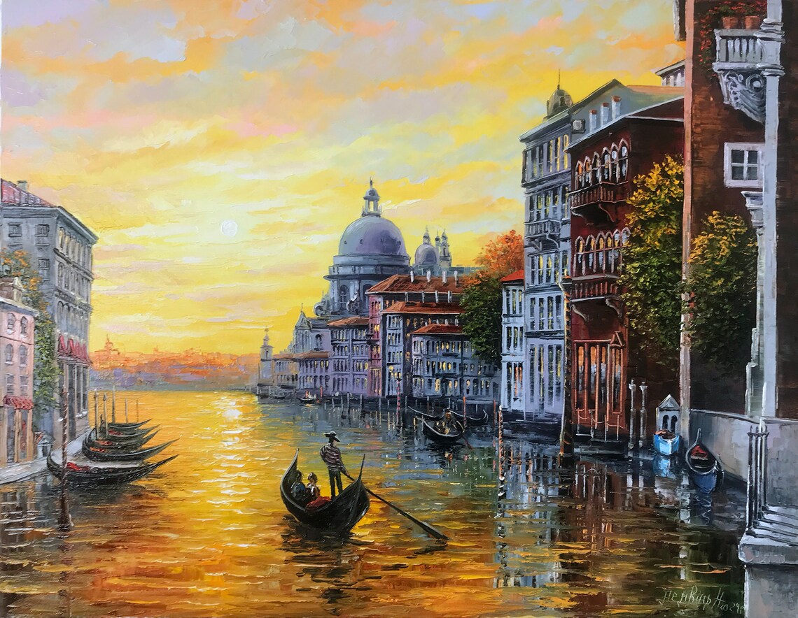 Venice Grand Canal Gondolas Golden Sunset Domed Church View Poster