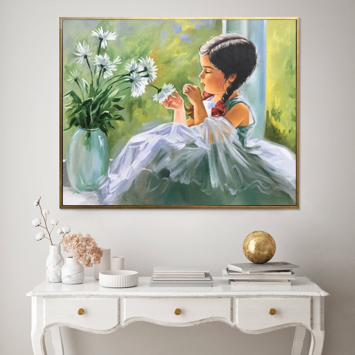 Little Girl Painting with Flowers, Wall Art Print - Image 3