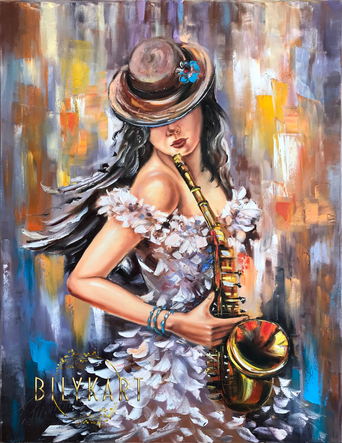 Saxophone Painting Jazz Music Art Original Female Oil Painting Woman In Hat Painting Music Player Gift Saxophonist Abstract Gold Painting - Image 3