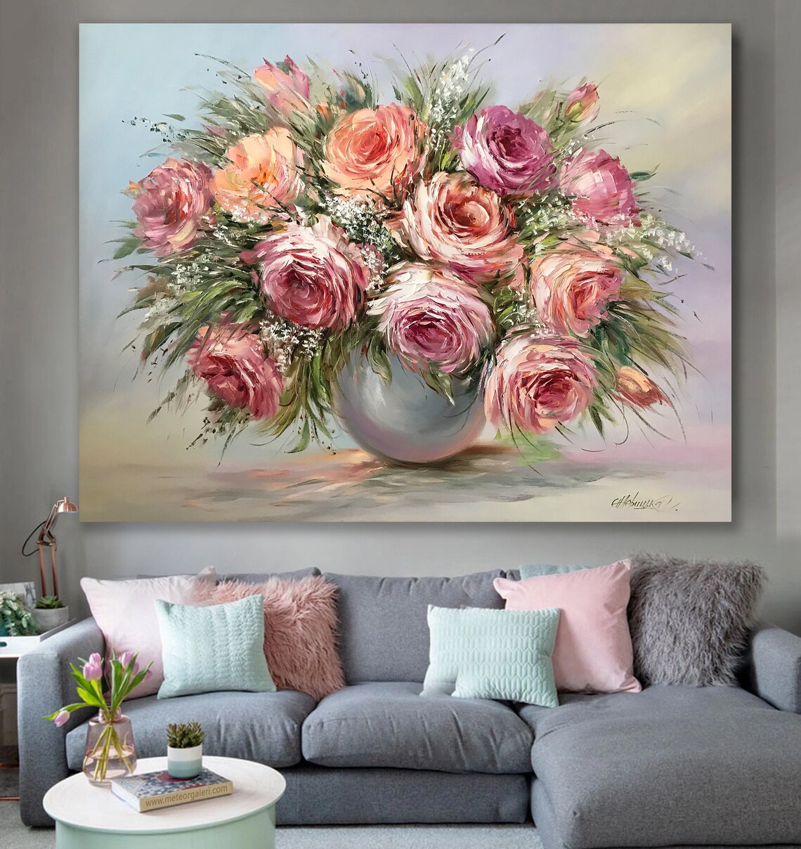 Custom Pink Rose Bridal Bouquet Oil Painting Print - Image 3