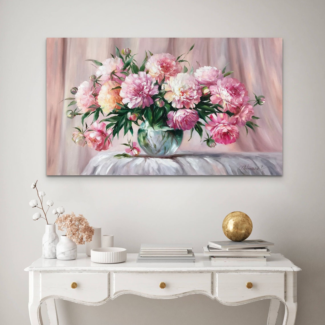 Peony Bouquet Painting Original Art Work Pink Flowers Painting Peony Wall Art Victorian Oil Painting Still Life Flowers Painting On - Image 3