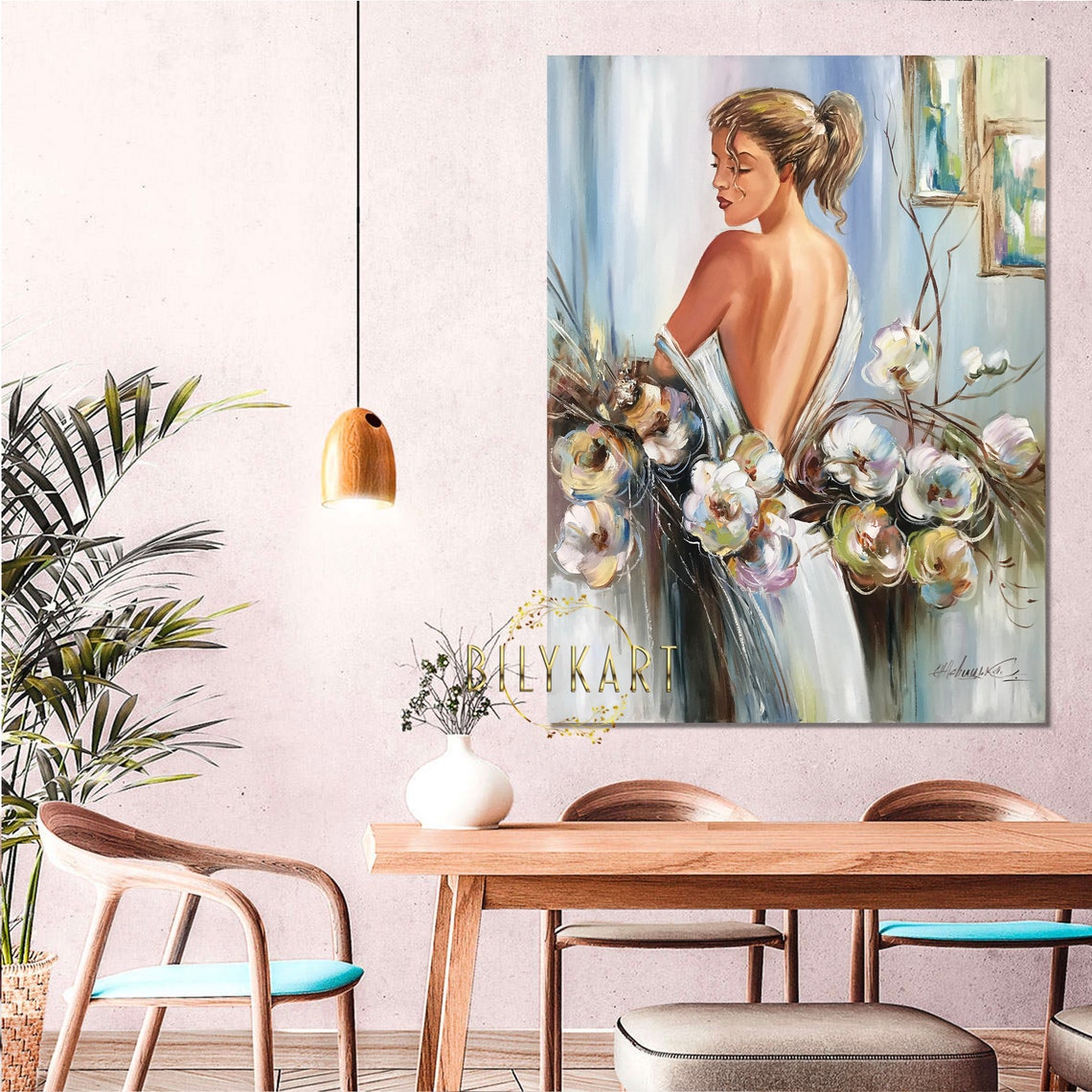 Girl In White Dress Painting On Lady With Flowers Painting White Orchid Framed Art Woman Back Oil Painting Original Stylish Girl Art - Image 3