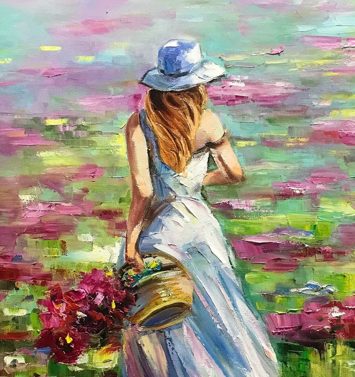 Women With Flower Basket Painting Original Summer Wall Decor Girl Birthday Gift Floral Meadow Art Colorful Flowers Field Painting On - Image 2