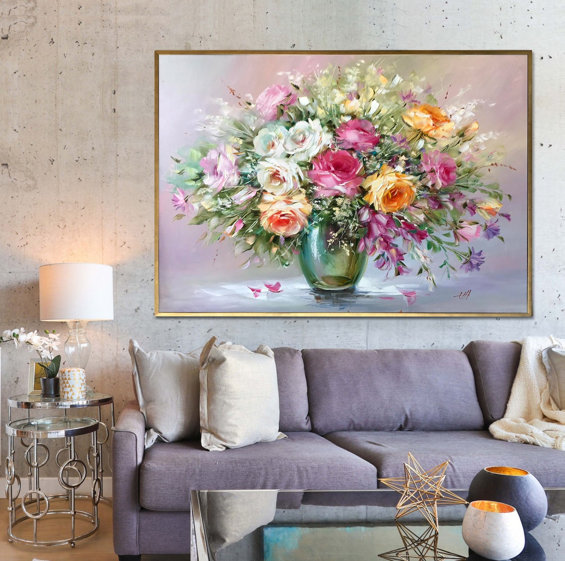 Large Flowers Oil Painting Original Roses Wall Art Saga Green Purple Floral Room Decor Roses In Vase Realistic Flowers Painting On - Image 3