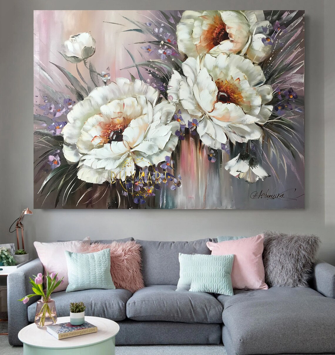 White Anemone Flowers Purple Accents Oil Painting Floral Art Poster - Image 2