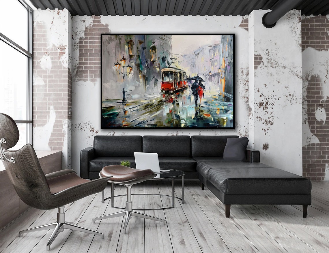 Rainy City Street Painting On Landscape City Artwork Prague Painting Original European Wall Art Large City Scape Oil Painting - Image 2