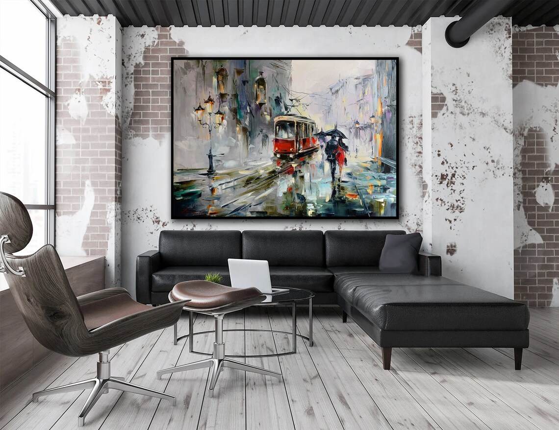 Rainy European City Street Red Tram Umbrella Couple Art Poster - Image 2
