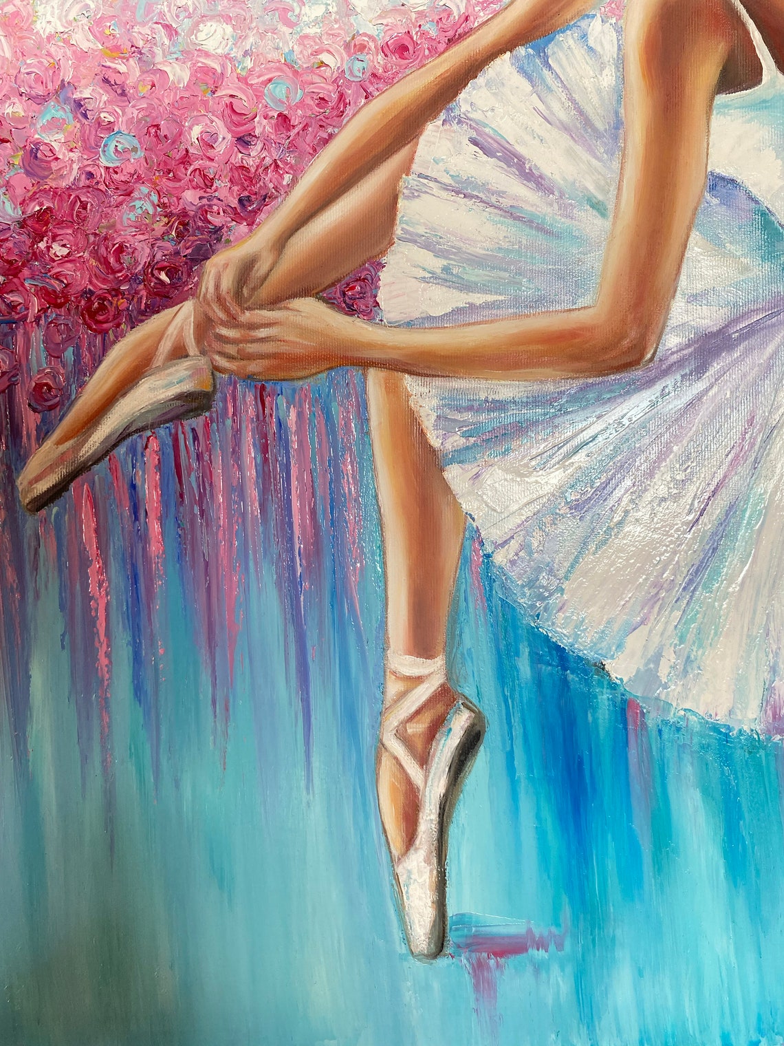 Abstract Ballerina Oil Painting Pink Ballerina Wall Decor For Girl In White Dress Painting Blue Ballerina Pointe Shoes Painting On - Image 2