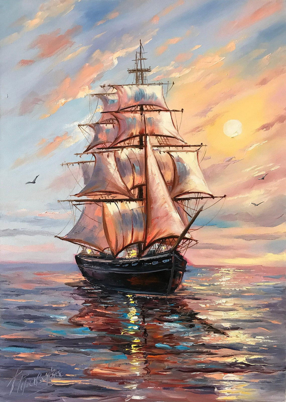 Tall Ship Full Sails Sunset Ocean Voyage Golden Framed Seascape Poster - Image 3