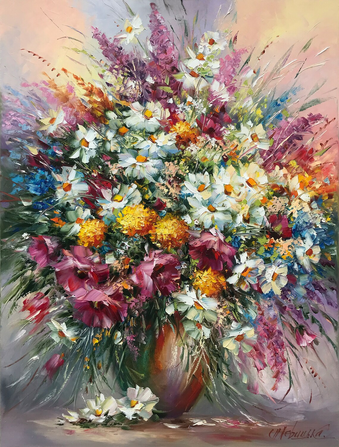 Wildflower Bouquet Copper Vase Oil Painting Meadow Floral Art Poster - Image 3