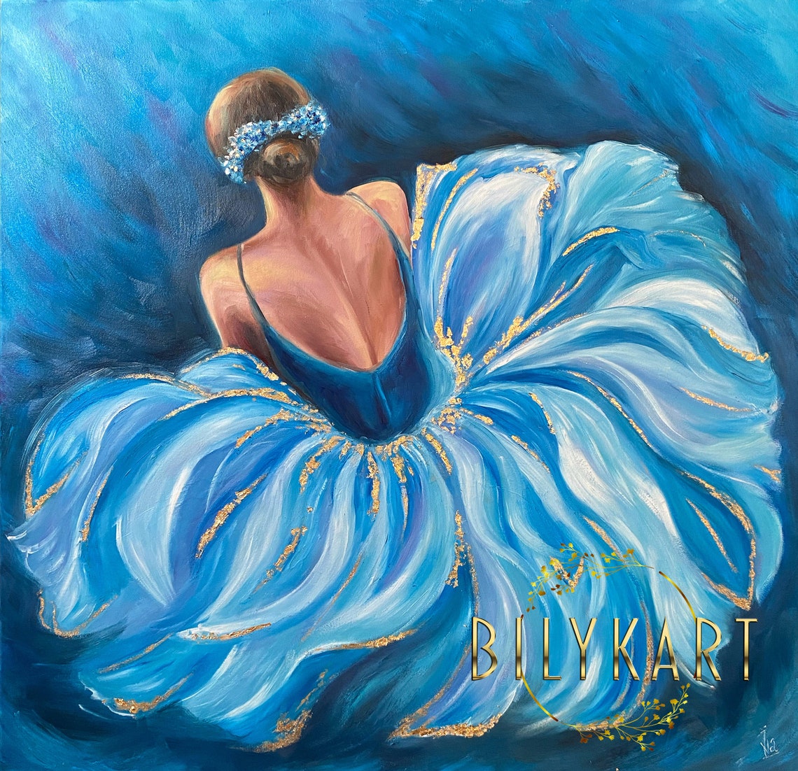 Abstract Ballerina Oil Painting Original Blue Ballerina Wall Art Girl In Dress Painting Gold Frame Ballet Art Ballerina Painting On