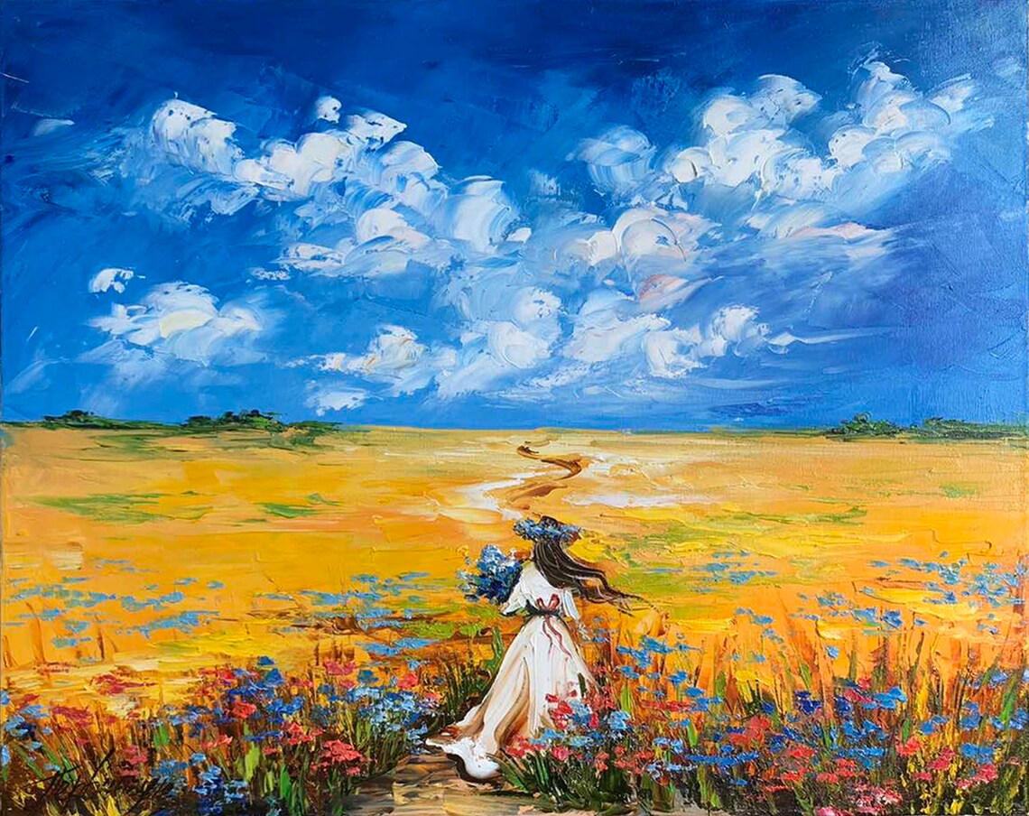 Girl In Golden Wheat Field Wildflower Crown Blue Sky Art Poster