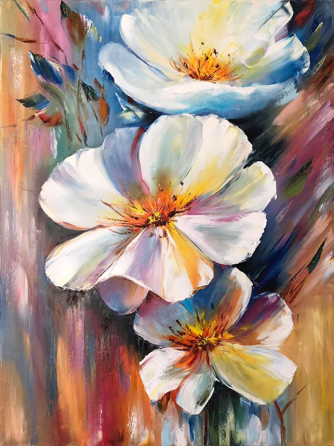 White Anemone Flowers Golden Centers Colorful Abstract Floral Poster - Image 2
