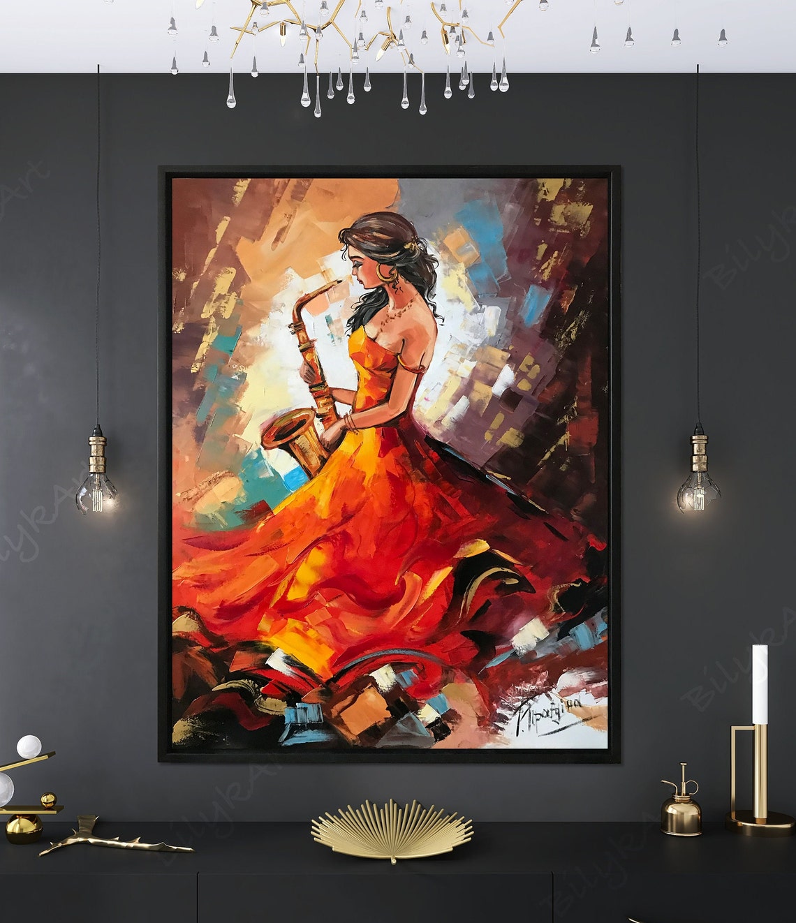 Girl Playing Saxophone Painting Jazz Wall Art Girl In Red Dress Painting On Saxophone Player Gift Original Jazz Woman Oil Painting - Image 2