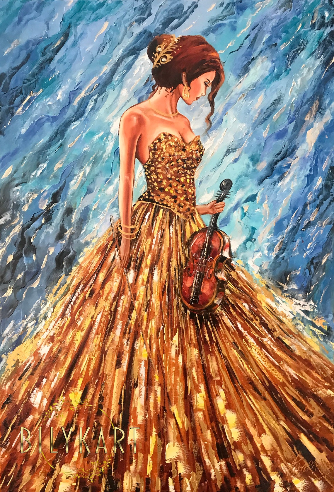 Abstract Woman In Gold Dress Oil Painting Original Girl Music Painting Blue Gold Violin Decor Violin Player Painting Modern Woman Artwork - Image 3