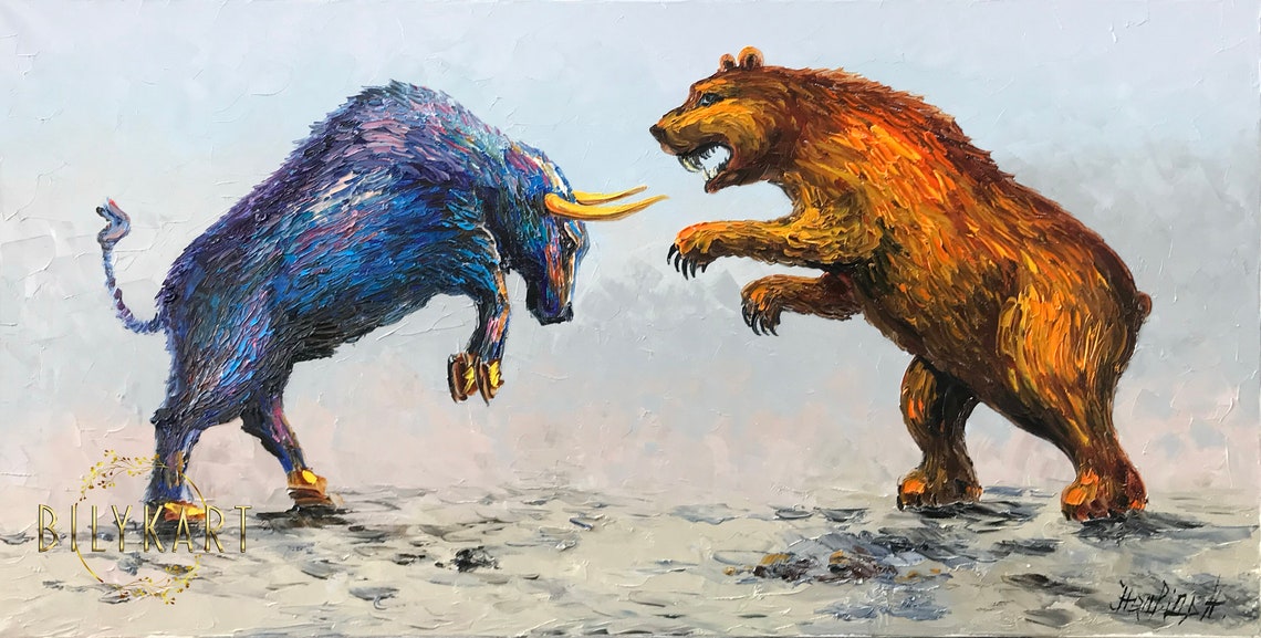 Bear Bull Painting On Stock Market Art Bull Fighting Painting Masculine Wall Art Bull Vs Bear Wall Street Art Stock Market Painting - Image 2
