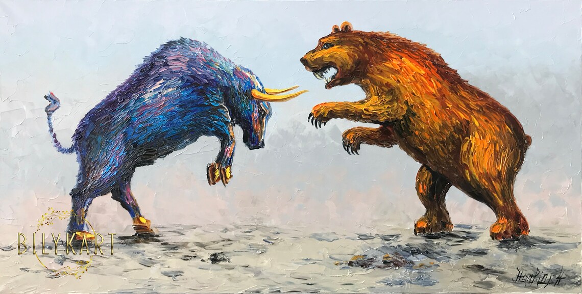 Wall Street Bull vs Bear Oil Painting Blue Bull Orange Bear Stock Market Poster - Image 2