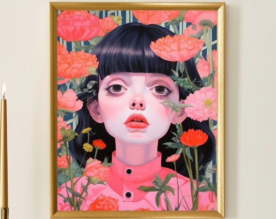 Pink Floral Portrait Woman among Coral Flowers Illustration Poster