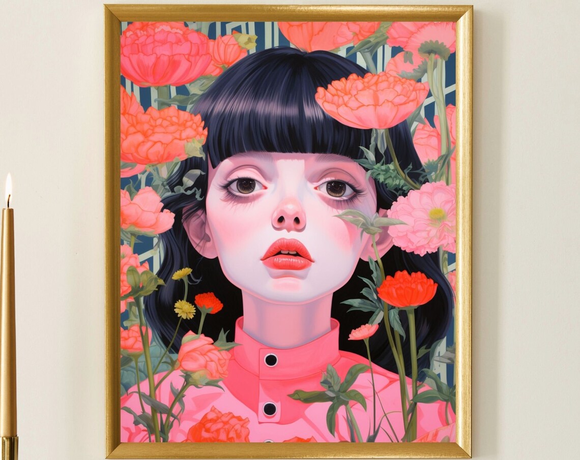 Pink Floral Portrait Woman among Coral Flowers Illustration Poster