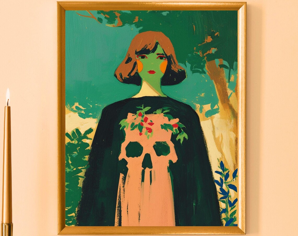 Green Woman Holding Skull Flower Crown Dark Folk Horror Art Poster
