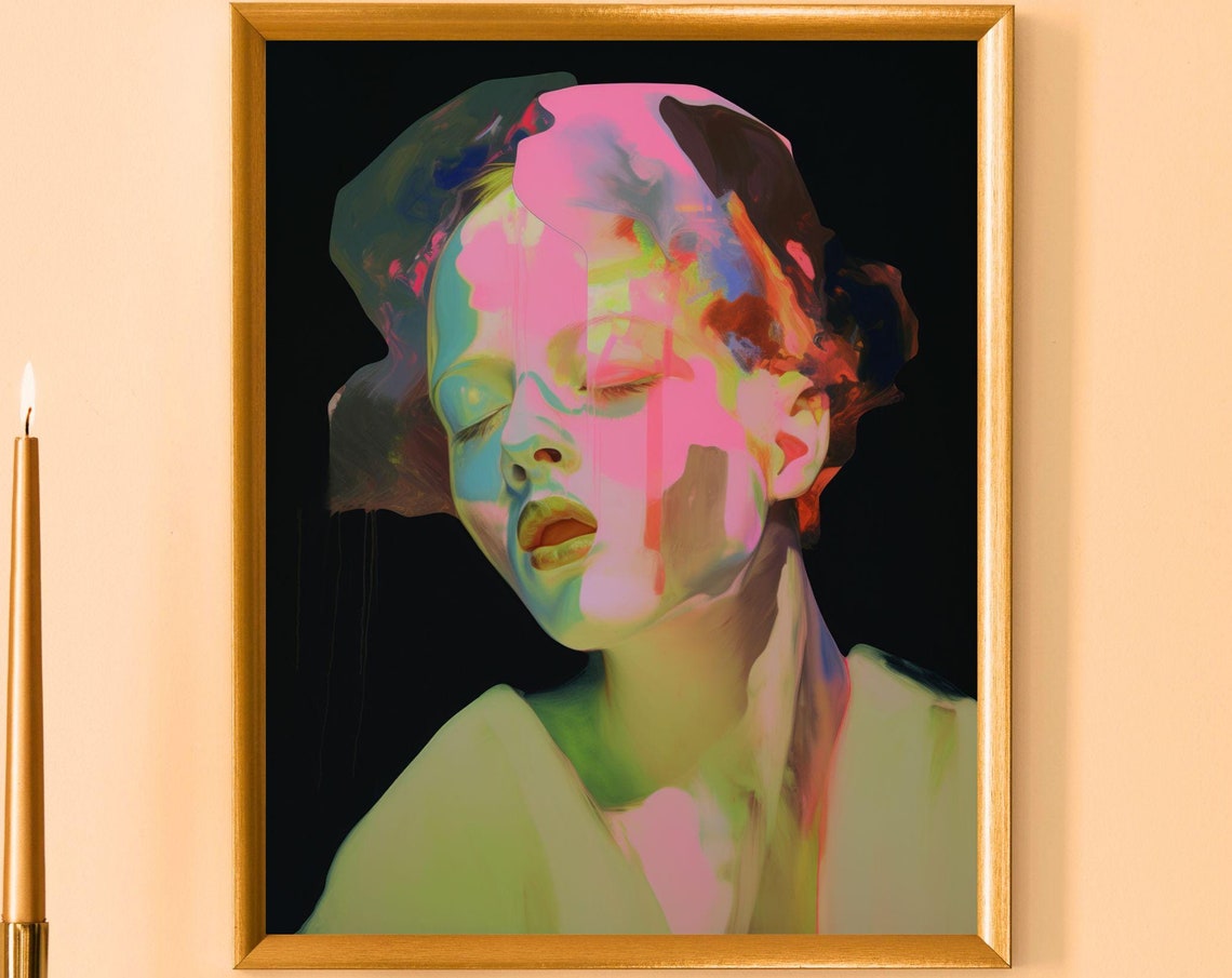 Melting Neon Face Abstract Woman Portrait Pink Green Art Poster