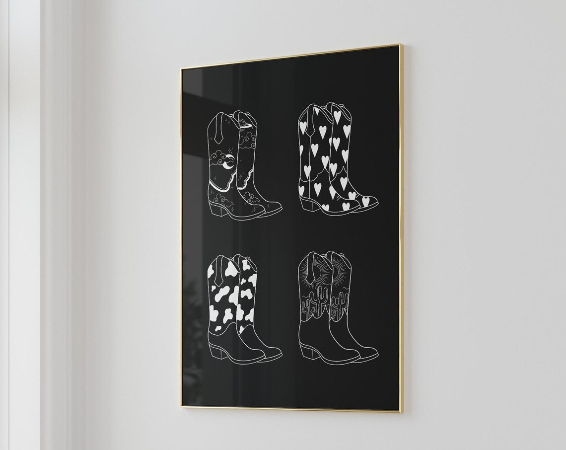 Cowboy Boots Line Art Quartet White Ink Black Background Poster - Image 3
