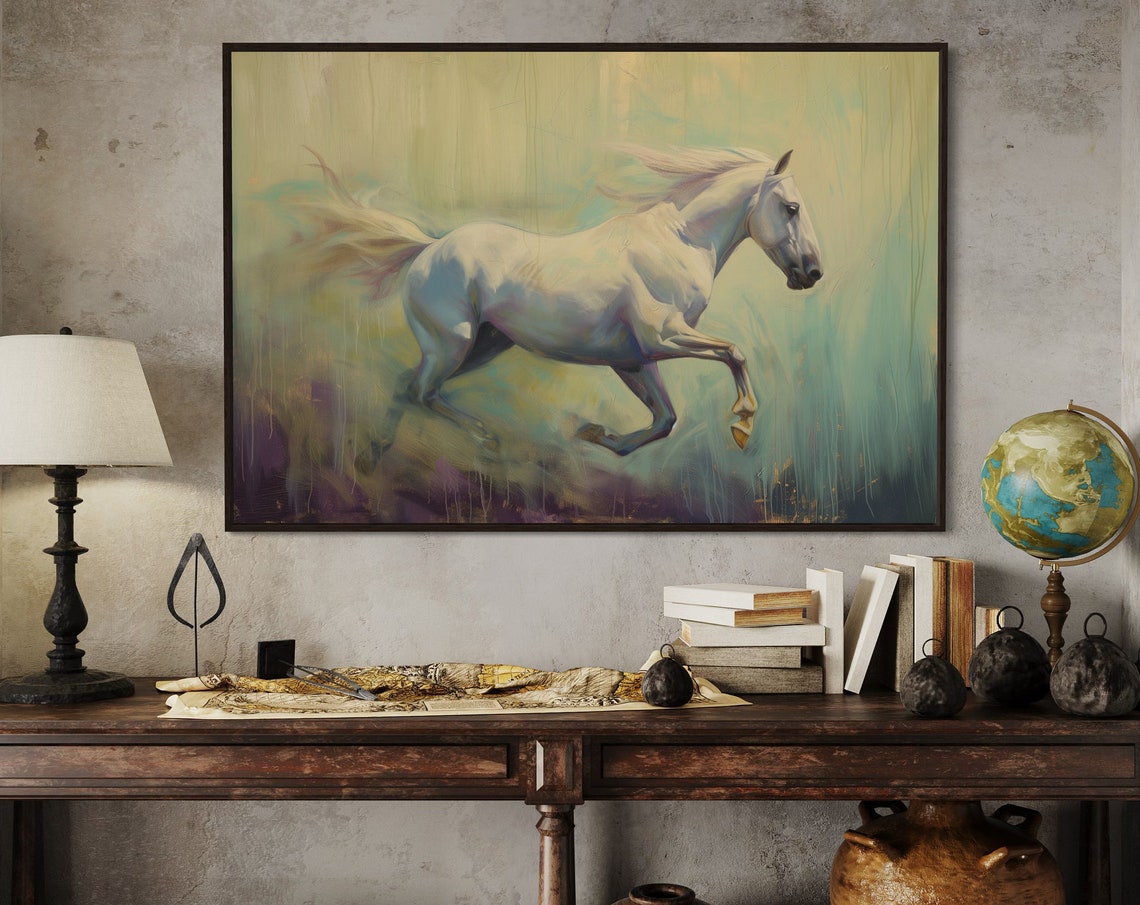 White Horse Galloping Impressionist Pastel Equestrian Art Poster