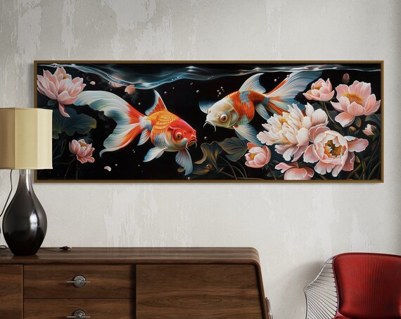 Colorful Koi Fish And Peonies Collage Panoramic Underwater Print Vibrant Fish Artwork On Black Background Narrow Wall Art
