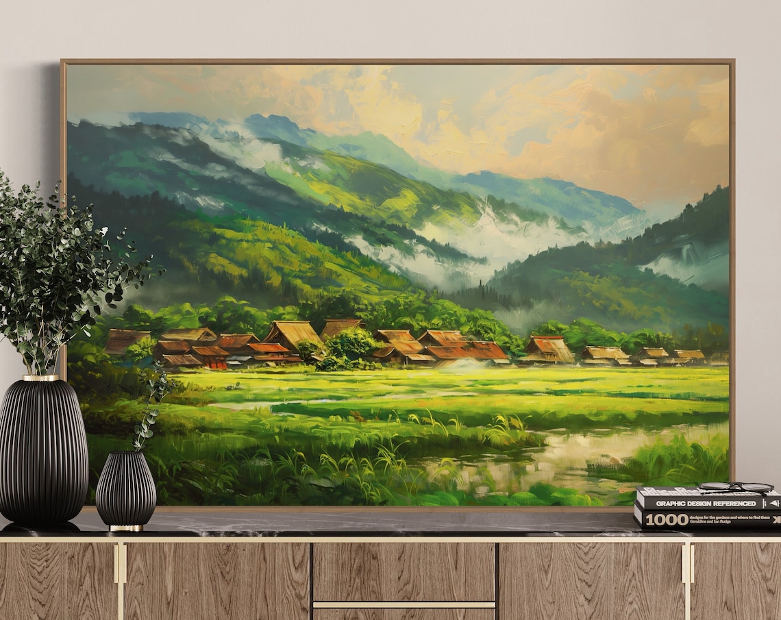 Misty Mountain Village Thatched Roofs Green Rice Fields Poster