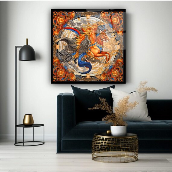Majestic Fiery Horse Wall Art Tempered Glass Print Modern Fantasy Animal Decor Luxury Glass Wall Art For Home And Office