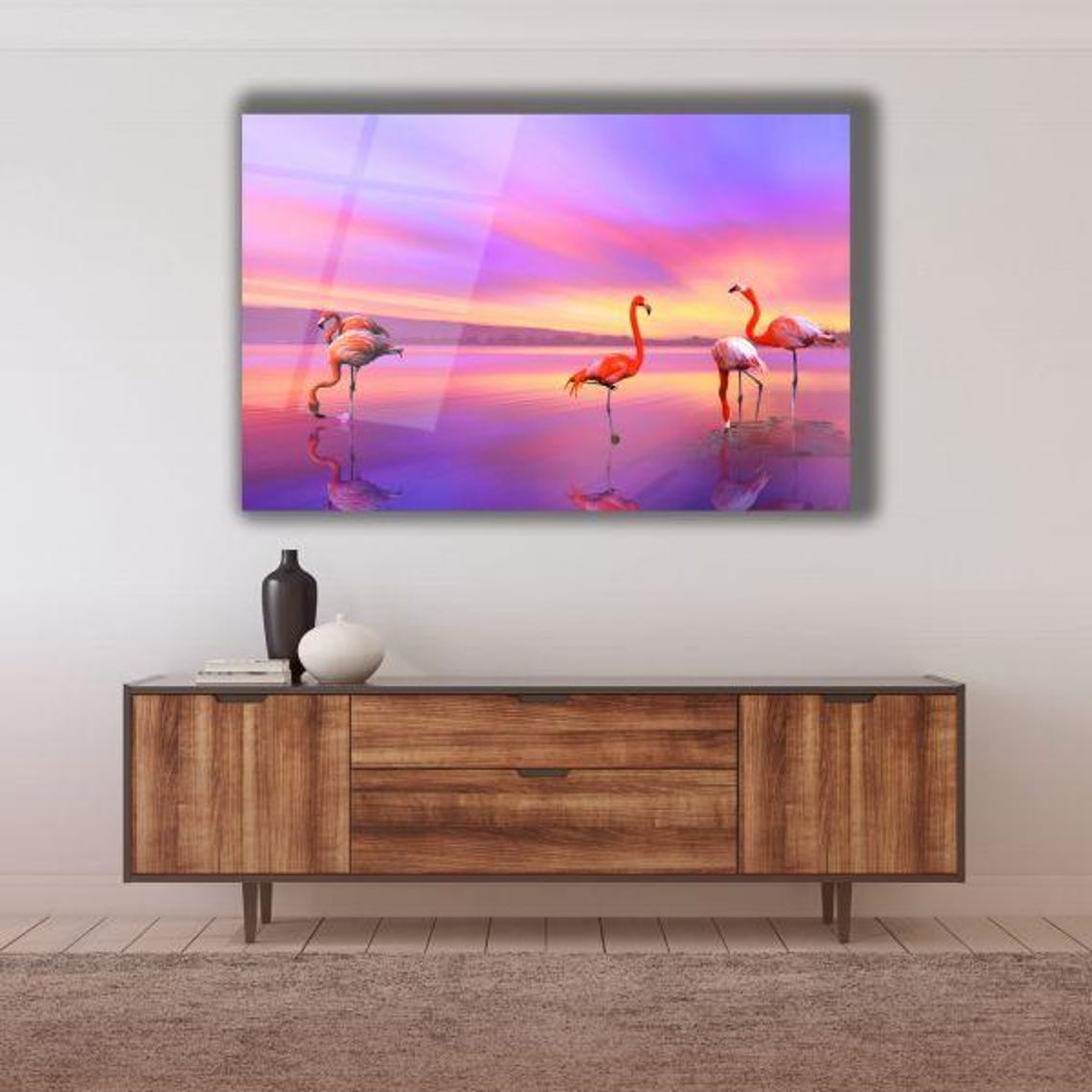 Flamingo Flock Wading In Calm Lagoon At Purple Pink Sunset Poster
