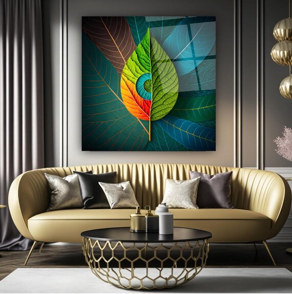 Elegant Leaf Portrait Wall Art Tempered Glass Print Modern Botanical Wall Decor Luxury Glass Wall Art For Home And Office